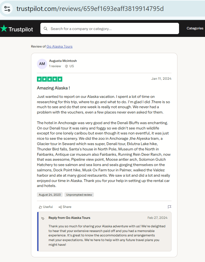 Screenshot of a five-star online review by Augusta Mcintosh