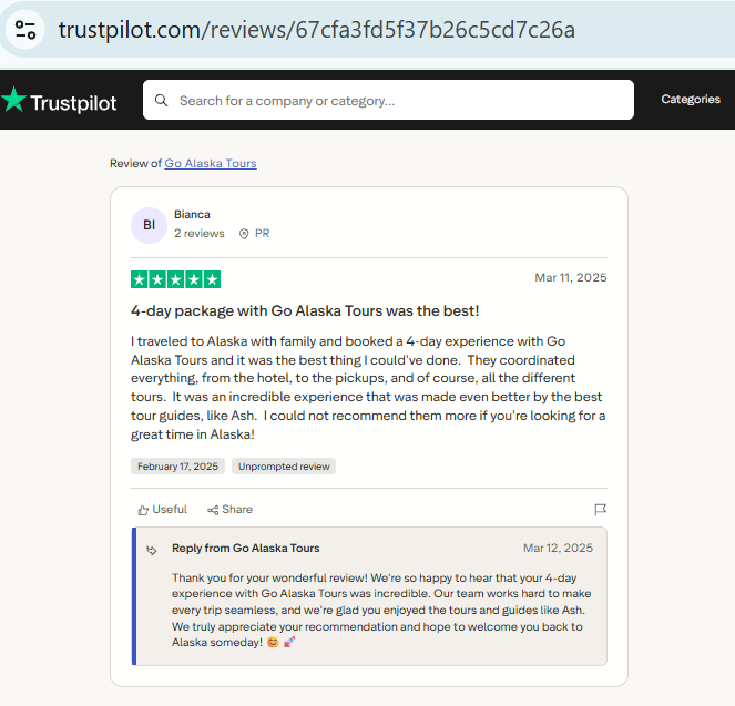 Screenshot of a five-star online review by Bianca