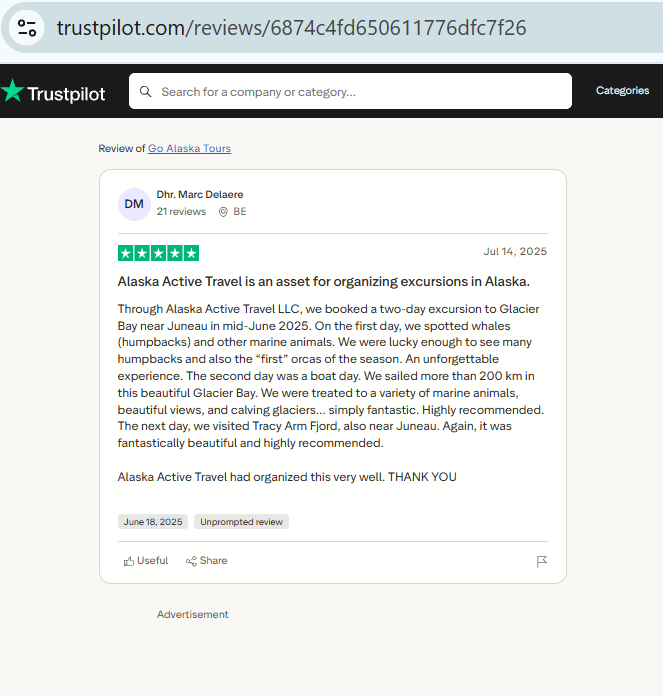 Screenshot of a five-star online review by Glacier Bay Whale Watching Marc