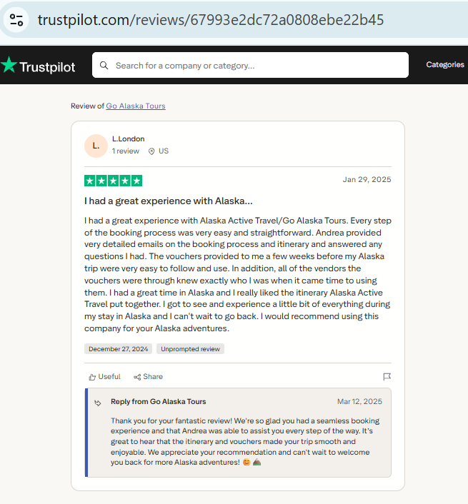 Screenshot of a five-star online review by L.London
