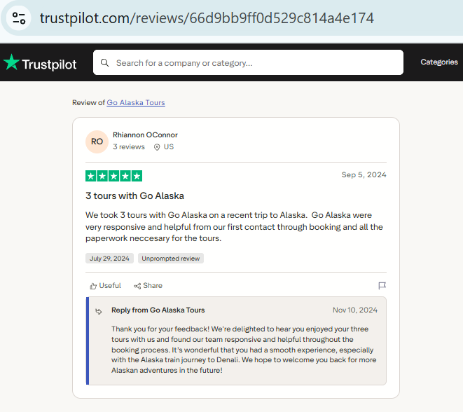 Screenshot of a five-star online review by Rhiannon OConnor