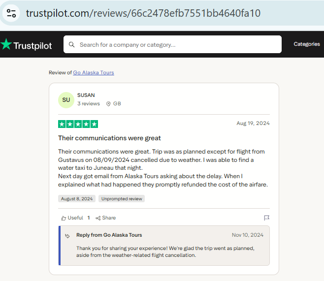 Screenshot of a five-star online review by Susan