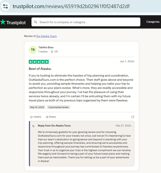 Screenshot of a five-star online review by Tabitha Bass