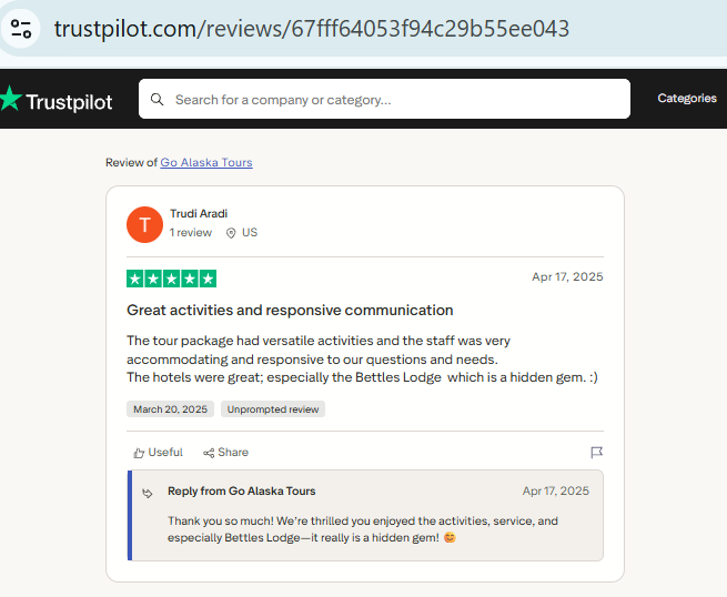 Screenshot of a five-star online review by Trudi Aradi